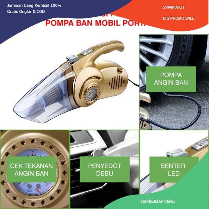 4in1 Car Vacuum Cleaner Penyedot Debu Pompa Angin Tekanan Ban Mobil