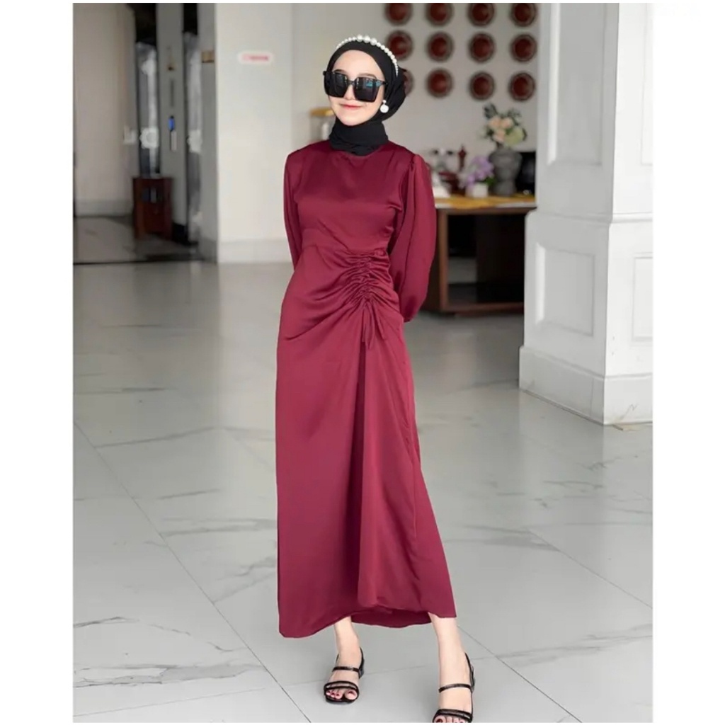 Lebaran Dress Satin Muslim Dress Lebaran Silk Kondangan Model Serut Matt Satin Terbaru Rilana Mewah 