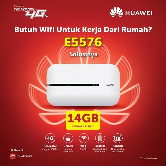 Huawei E 5576 MIFI 4G Free Telkomsel 14 GB - 5576 Brovi 15GB, Hitam