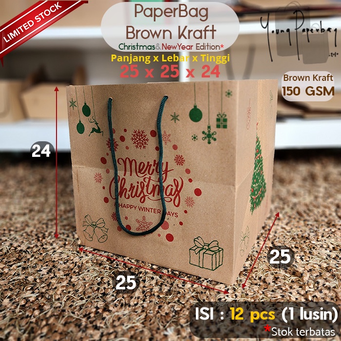 

Paper Bag Brown Kraft Edisi Natal & Tahun Baru Uk. 25 x 25 x 24 - Tali Hijau, 150 GSM