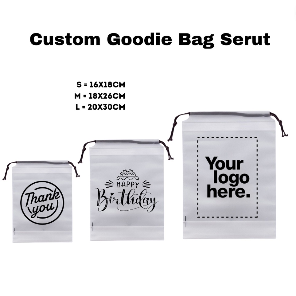 

Custom Logo Nama Tas Serut Suvenir Hajatan Acara Goodie Bag Ulang Tahun Pernikahan