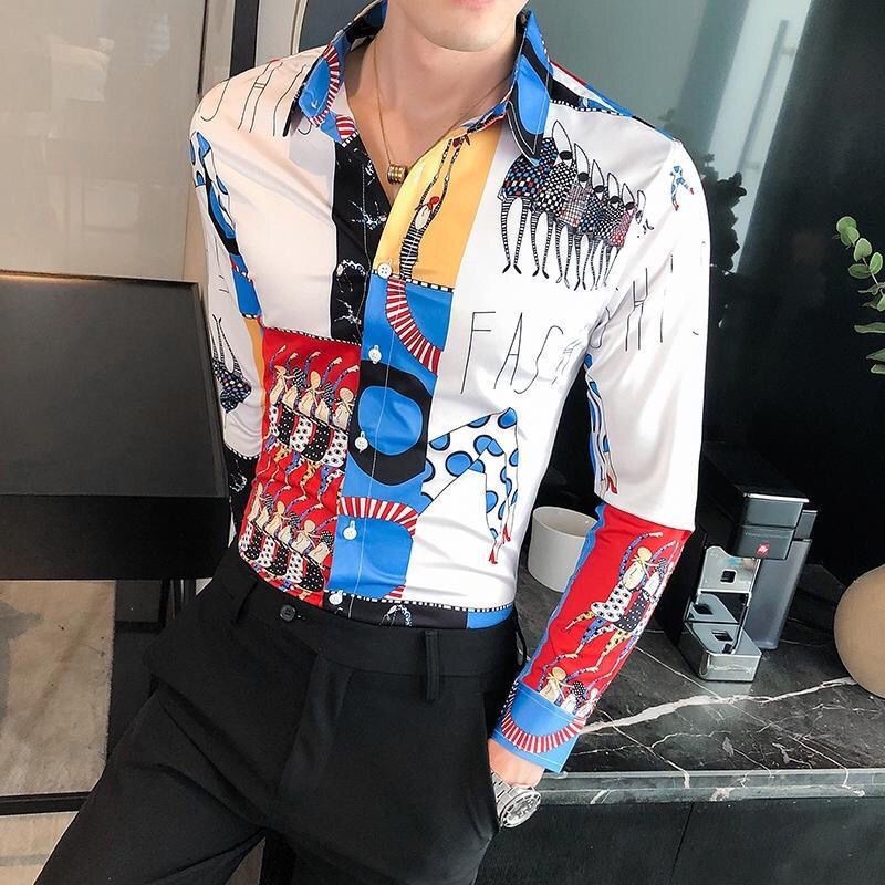 Fashion printed Korean long sleeved men's shirt shirt