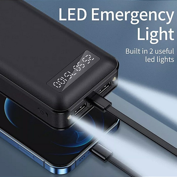 Power Bank Basike PT115 20000mAh Hitam/Putih dengan Kabel Data Type C, Lightning, dan Micro USB