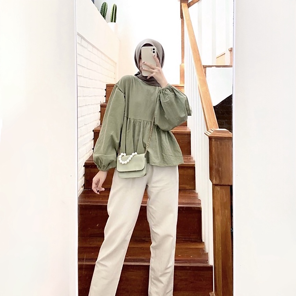 Alensa Blus Atasan wanita muslim terlaris terbaru bahan crinckle airflow blouse model pinggang serut