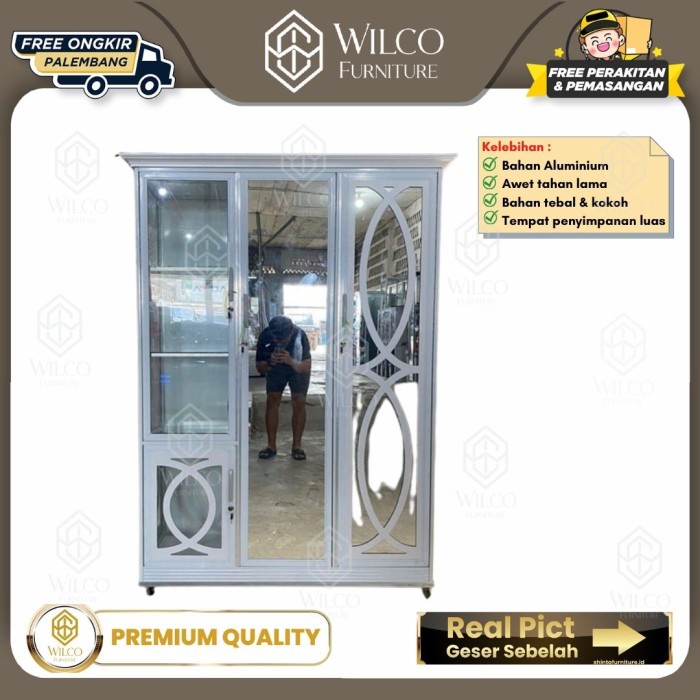 Lemari Aluminium Kaca Rak 3 Pintu / Lemari Pakaian Baju Pintu ACP