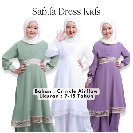 Gamis anak remaja tanggung Sabila Syari Usia 7-15 Thn dress crinkle  - Putih, M