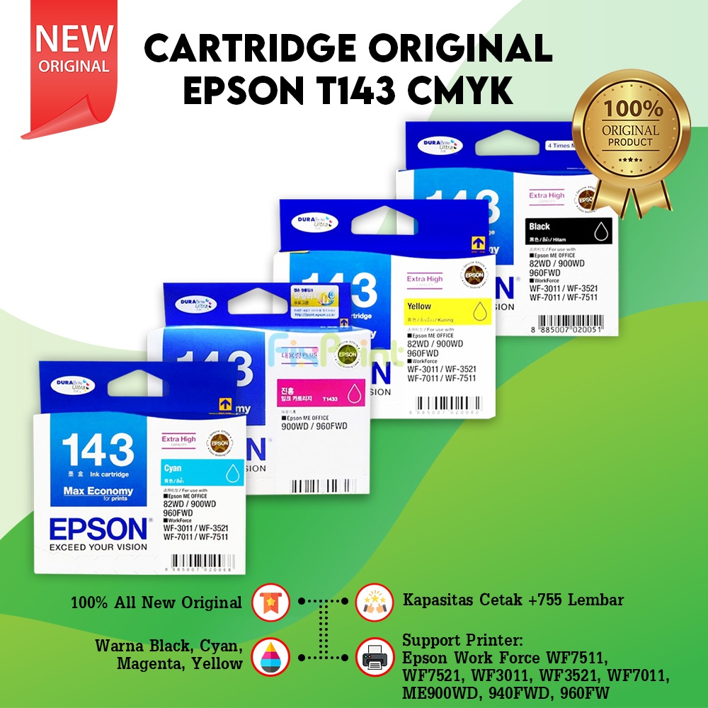 Cartridge Tinta Epson 143 Black Cyan Magenta Yellow WF7511 WF-7511