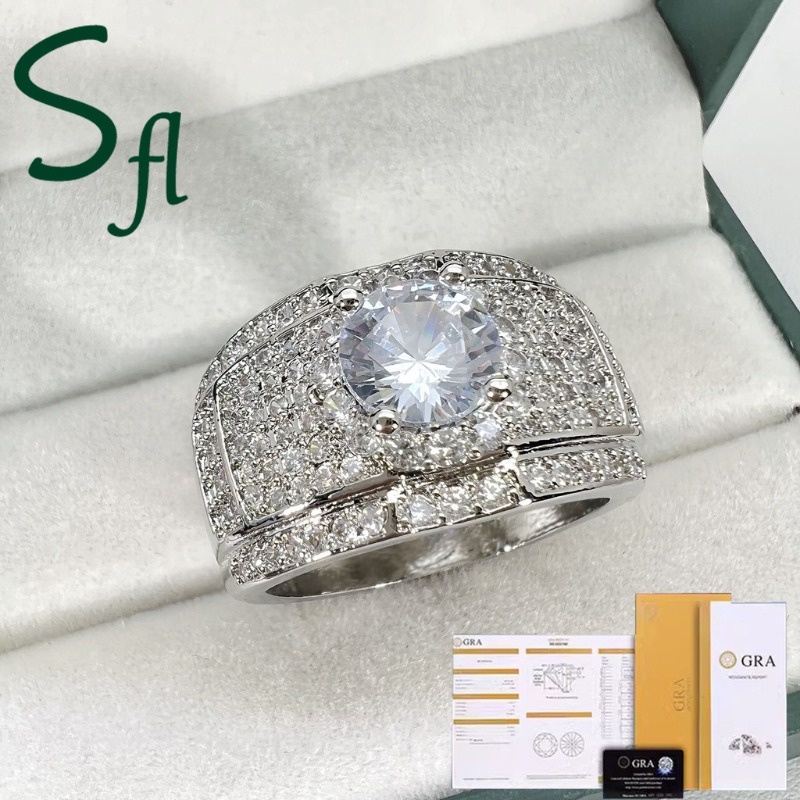SFL S925 Cincin Berlian Pria, Cincin Mewah Moissanite Perak（Dengan Sertifikat GRA）