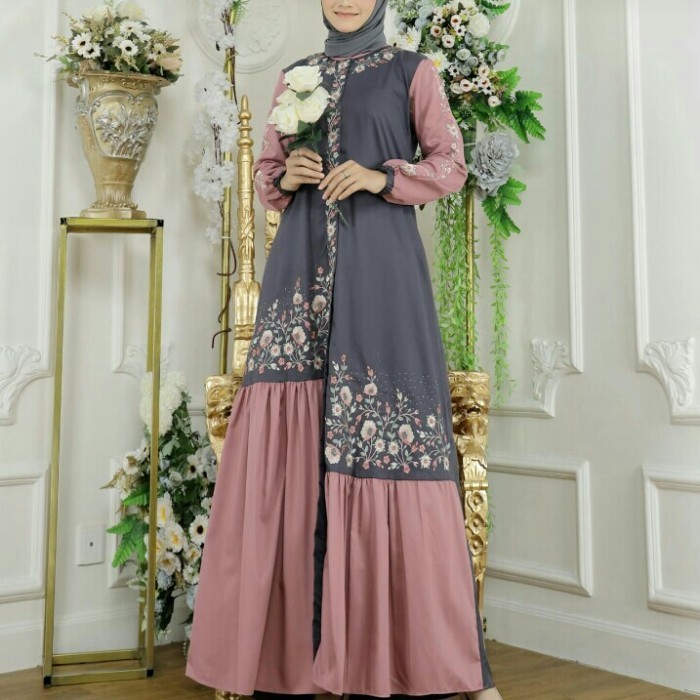 ✔Girya.Syo✔ - TERLARIS New Gamis Katun Toyobo Kombinasi Warna//Gamis Rempel Mix Bordir - Abu-abu, S