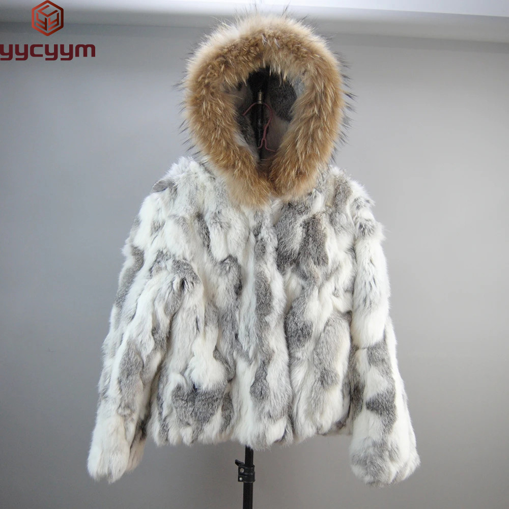 Winter Women Real Rabbit Fur Hooded Coat Natural Rabbit Fur Jacket With Raccoon Fur Collar Russia La
