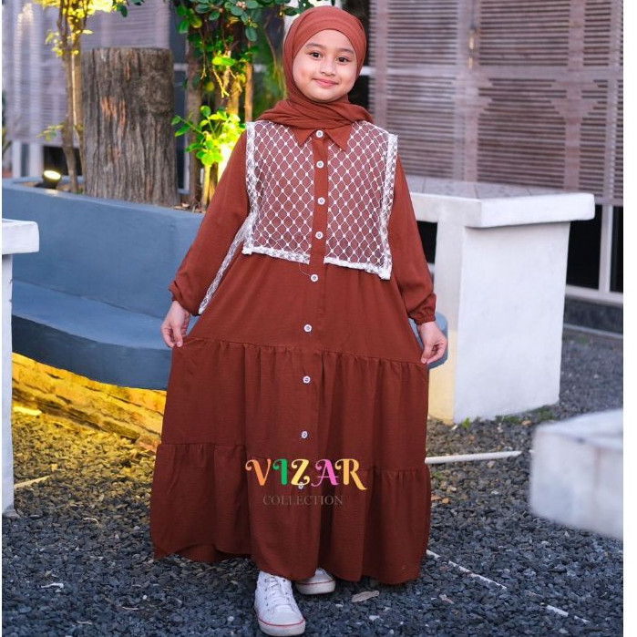 Vizarcollection - Gamis Muslim Anak Brokat Set Hijab Gamis Cringkle Premium Gamis Tanggung /Terbaru