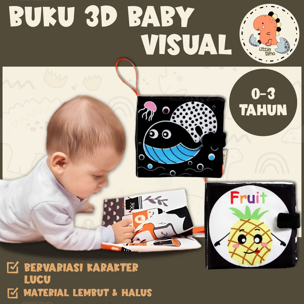 Buku Edukasi Bantal Bayi / Mainan Bayi Softbook/ Buku kain Bayi / Cloth Book Hitam Putih