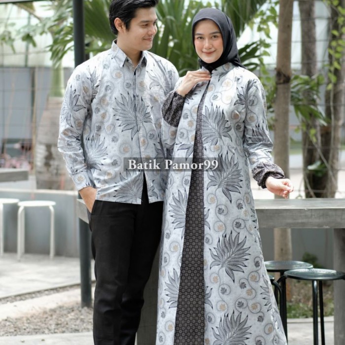 ✔VN.KIA✔ - BEST SELLER Baju dress gamis cardi wanita couple batik sarimbit kemeja pria randu - Abu-a