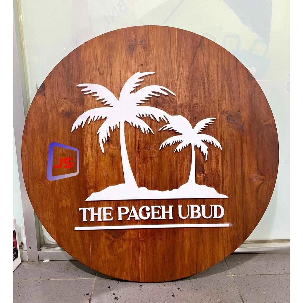 Logo bulat ukir kayu jati dan mahoni custom tempel tembok hiasan kantor toko custom kombinasi unik