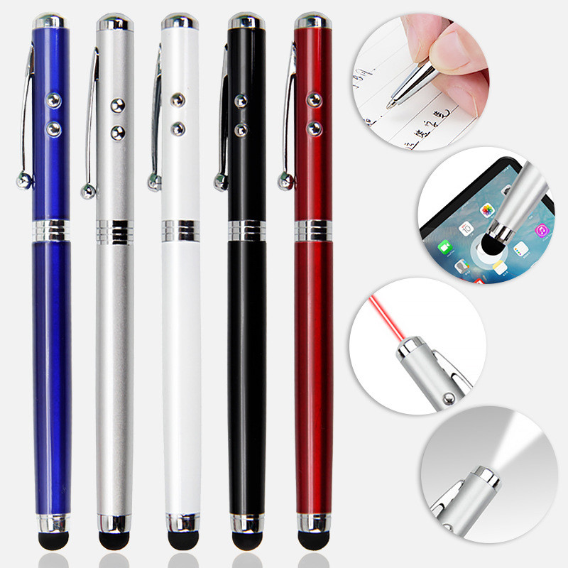 

4 In 1 Ballpoint Pen Screen Stylus Writing Stationery Multifunctional LED Laser Lamp Metal Creative School Supply