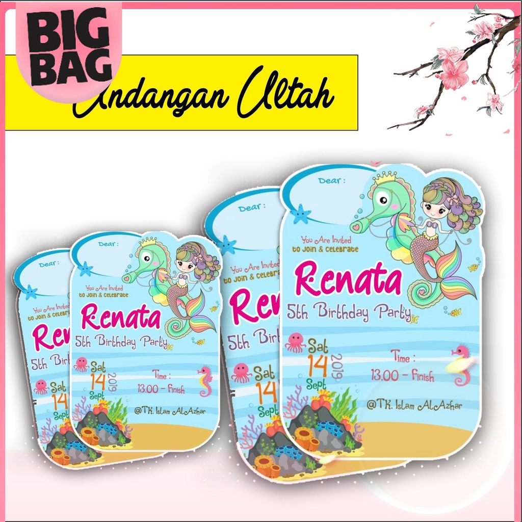 Undangan Ultah Anak Custom Mermaid Ikan Duyung Bisa Custom Free Desain