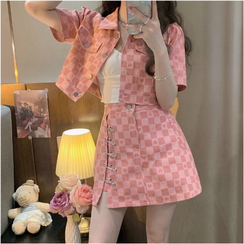 Korean Idol Set Motif Kotak Warna Pink dan Biru Rok Pendek Mini - Dres Gaun Pakaian Busana Import Im