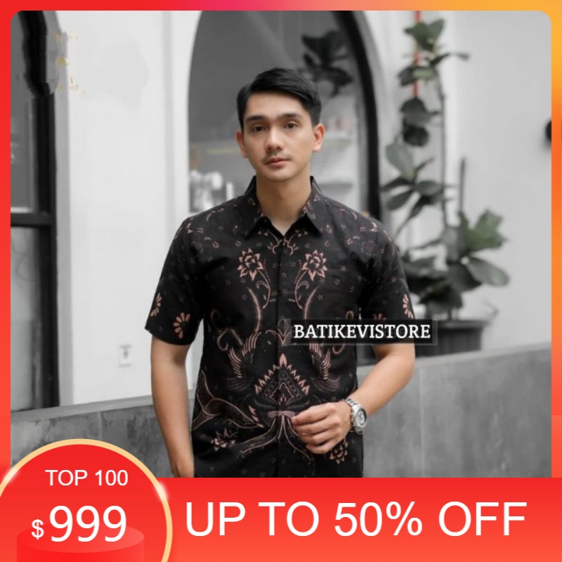 GURDO HITAM KEMEJA BATIK PRIA LENGAN PENDEK SLIMFIT LAPIS FURING BAHAN KATUN PREMIUM/ jokowi anak