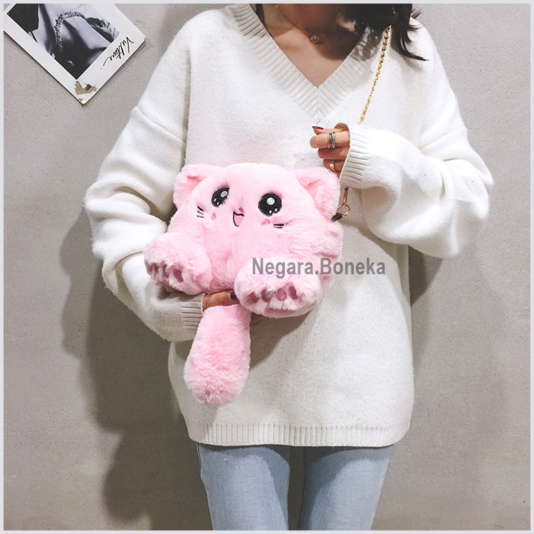 Tas Selempang Boneka Kucing FYKACU Tas tali rantai Tas bulu korean style