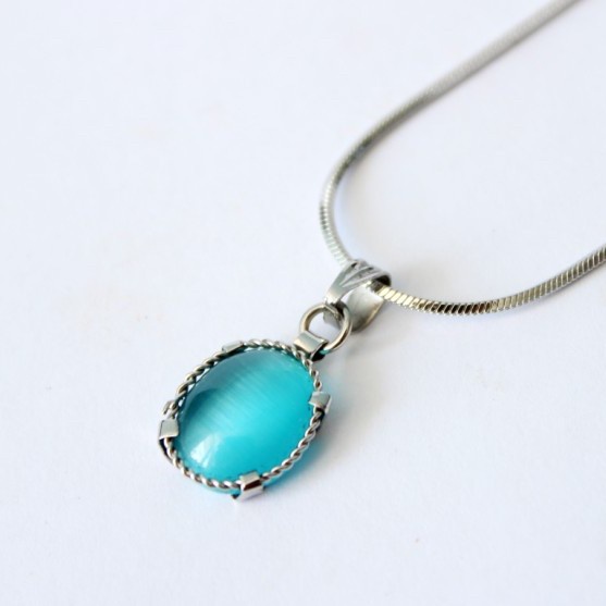 Kalung Batu Cat Eye Biru Laut / Liontin Pria Wanita Batu Alam