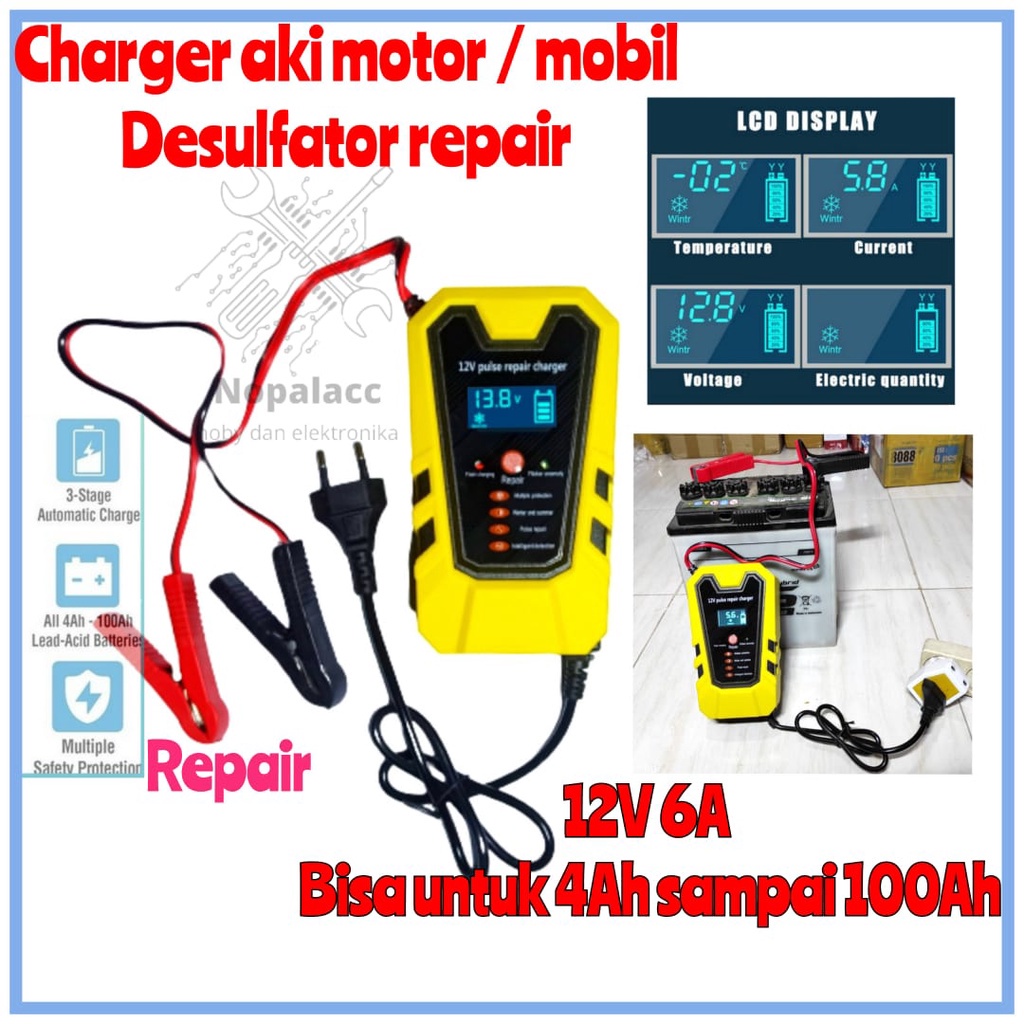 CAS AKI 6A - CHARGER AKI 6 AMPERE DESULFATOR REPAIR - CAS AKI MOTOR & MOBIL 4AH - 100AH