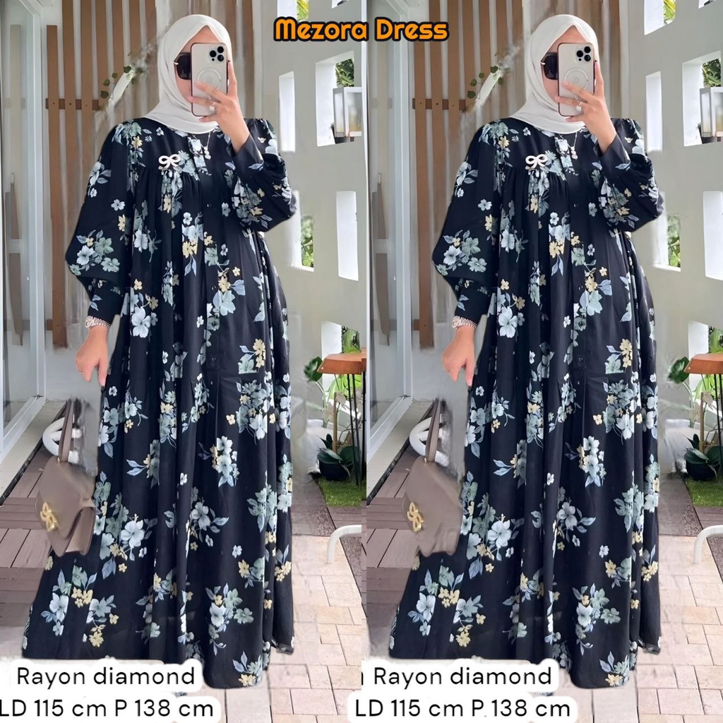 Mezora Dress Wanita Rayon Diamond Gamis Terbaru Lengan Panjang Baju Muslim Ruffe Polos Kekinian LD 1