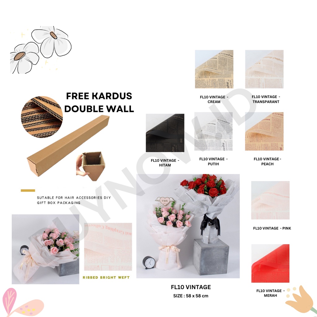 

(5 LEMBAR) - FL10 VINTAGE Craft Paper Kertas Bunga Buket Motif Koran Bunga Florist Cellophane