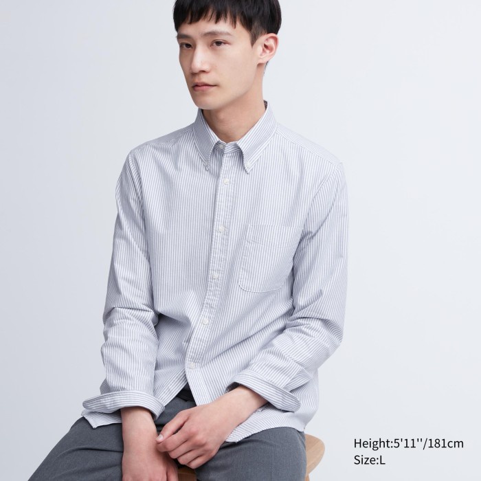 UNIQLO Kemeja Oxford Slim Fit Garis Lengan Panjang 462369 Pria - 07 GRAY