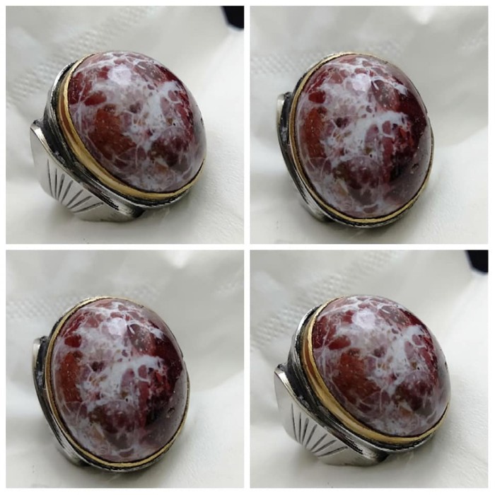 Cincin Batu Akik Badar Gambar Motif Pancawarna Merah Antik