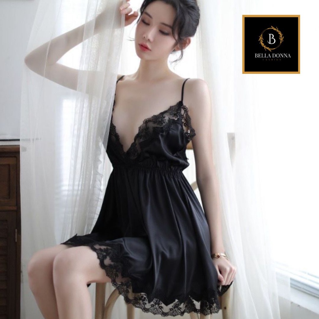 belladonna_id [COD] Baju Tidur Wanita Dewasa Lingerie REVINA All Size Sexy anggun Night Dress Gaun Malam Pakaian dalam Baju Tidur Wanita Dewasa Includes Satin Lingerie Sexy & G String, Baju Tidur Sexy, Baju Haram Sexy-HITAM