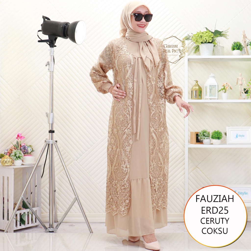 Fauziah Gamis Pesta Set Hijab Ceruty Cardi Brukat Mewah Nyatu Lengan Balon