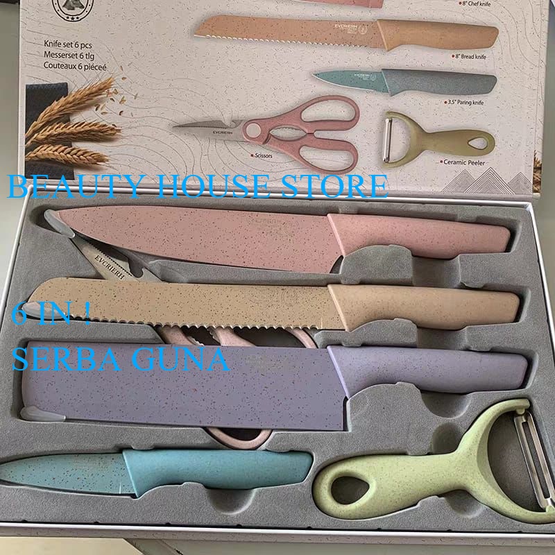 (BHS) Bright Crown Kitchen Knife Set Stainless Steel / Pisau Dapur Set 6 in 1 Bahan Stainless Steel PREMIUM