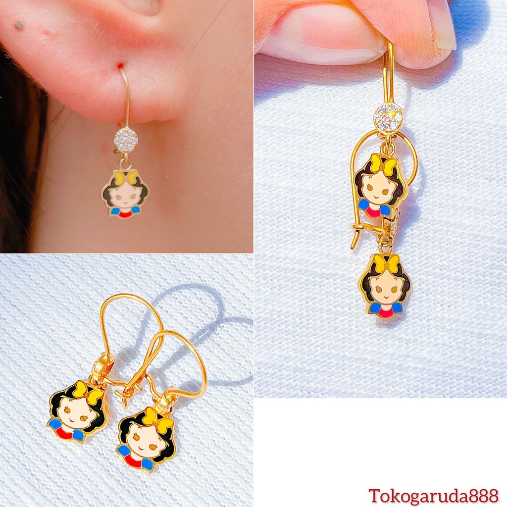 Anting anak dan dewasa emas asli kadar 700 70 16k princess snow white desi gantung permata padat dis