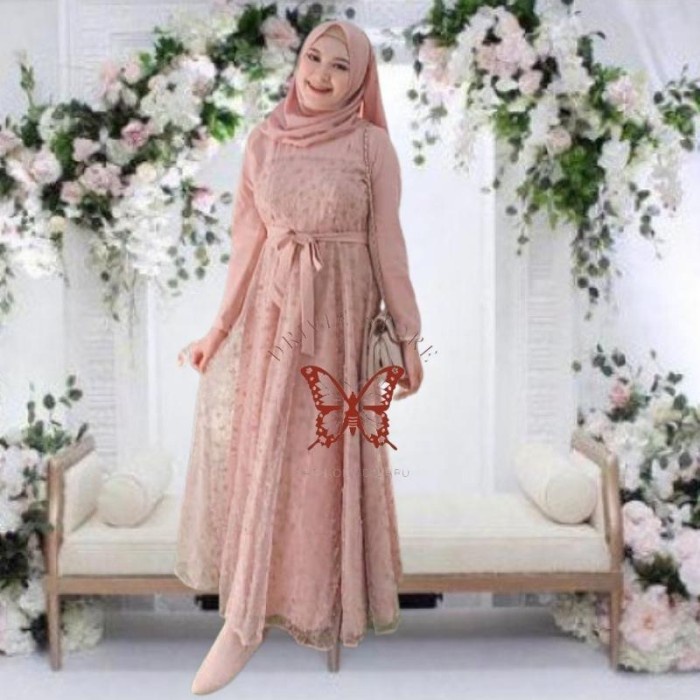 Baju Gamis Brukat remaja maxi lengan panjang - Jelita - size L dan XL- - coklat susu, L