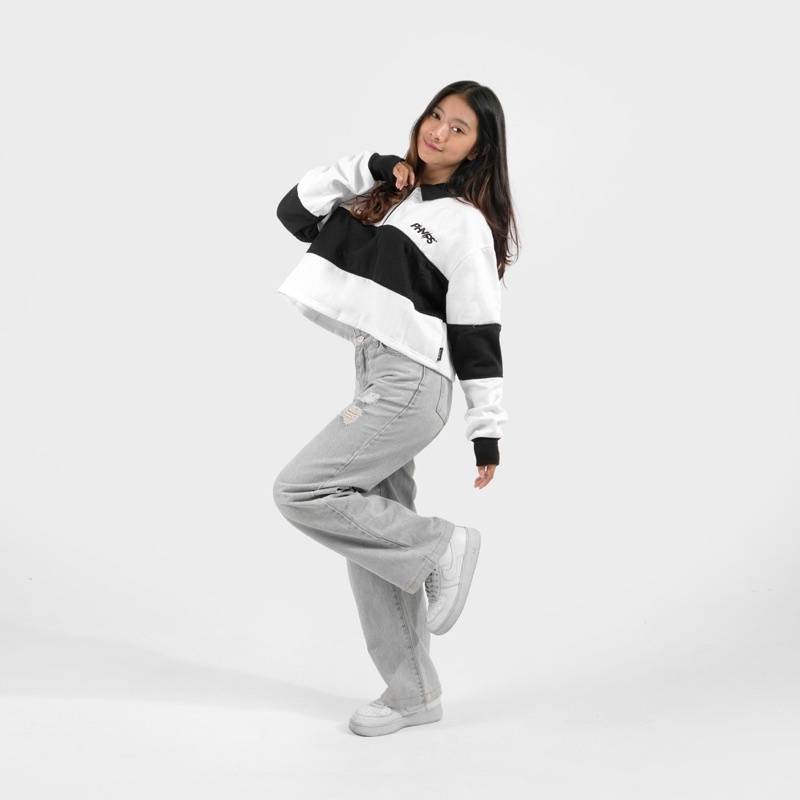 PHOMPPHIESS PHMPS Sweater Rugby Crop Vintage Putih Stripe Hitam