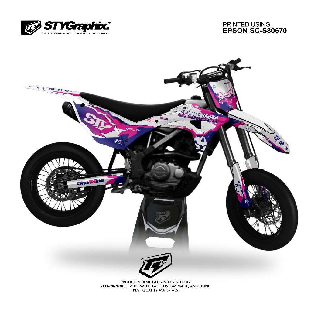 DECAL KLX GORDON PUTIH KOMBINASI BIRU PINK BISA CUSTOM WARNA NAMA NOMOR DAN MOTOR