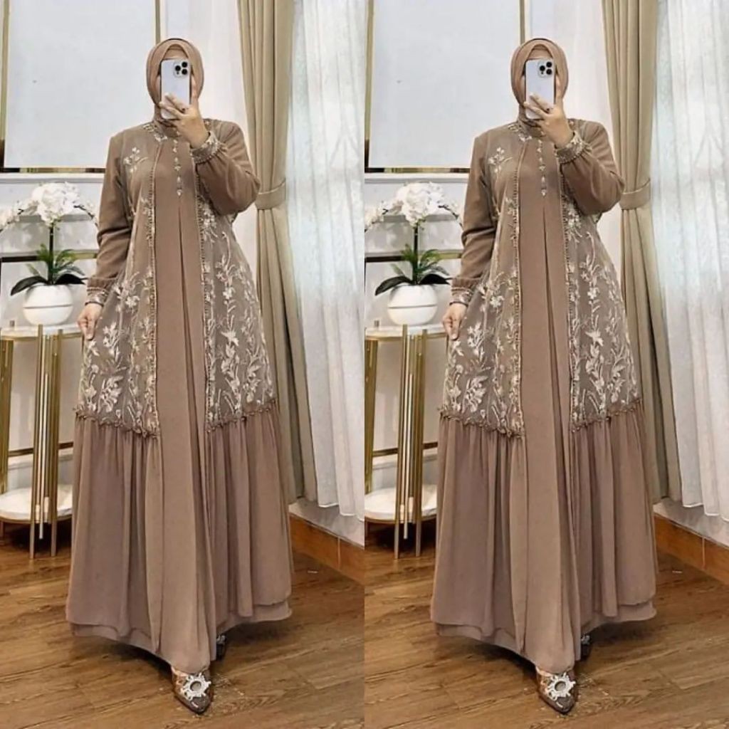 DE43W Baju Gamis Pesta Kamari Dress Gamis Brukat Mix Payet Busui Friendly Dress Kondangan Gamis Ceru