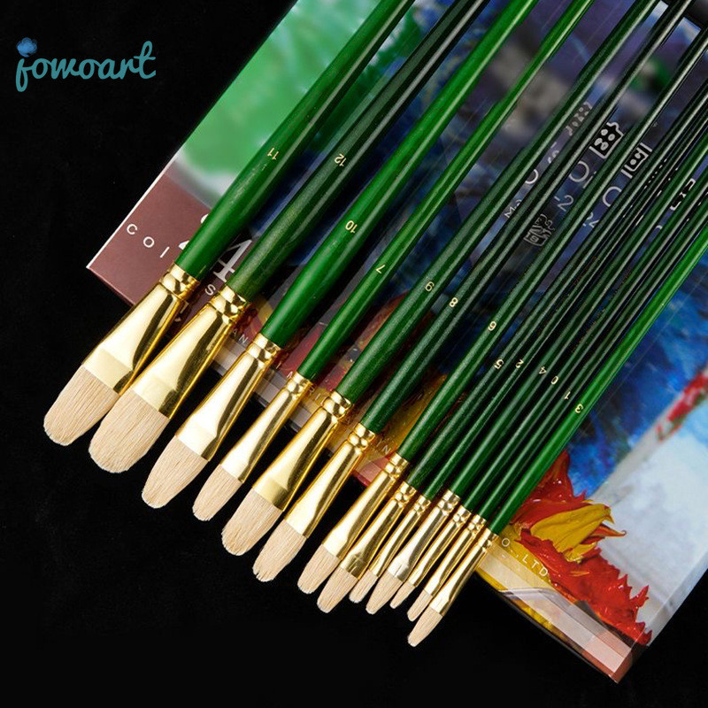 

6 Pcs Set Pig Bristle Green Long Birch Wood Rod Oil Painting Brush Hazelnut Shaped Hard Hair Acrylic Acid Brush Art Supplies