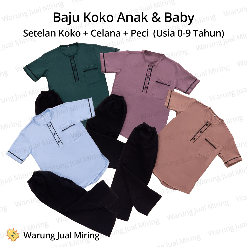 Setelan Koko Anak 0-9 Tahun Sarkoci Set Baju Celana Panjang Peci Kemeja Laki Cowok Cowo Newborn New 