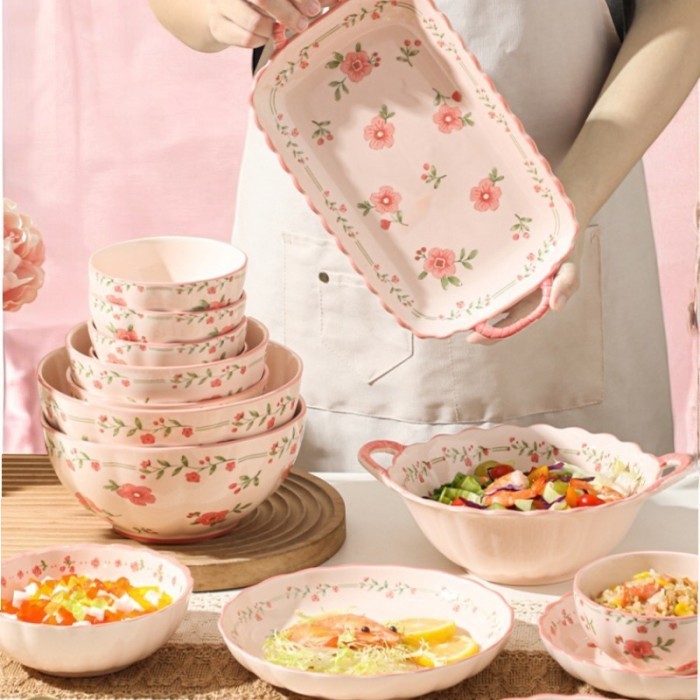 BLOOM Peralatan Makan Keramik Mewah Motif Bunga Warna Pink Merah Muda Piring Mangkok Dan Piring Saji