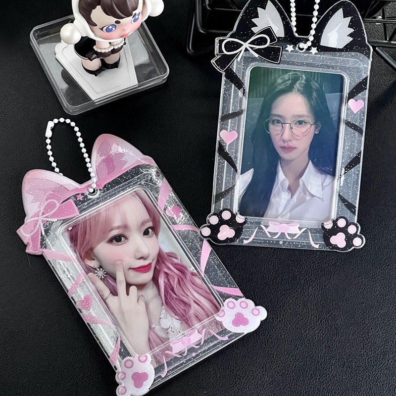 

New Ins Cute Cat Ribbon PVC Photocard Holder Kpop Photo Card Holder Bag Pendant Korean Stationery Gifts