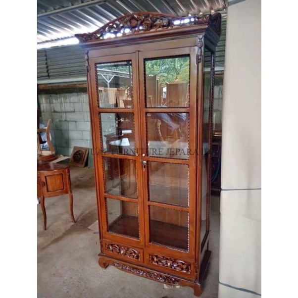 LEMARI KACA PALEMBANG UKIR JEPARA | BUFET LEMARI PALEMBANG KAYU JATI | LEMARI KACA PALEMBANG FURNITU