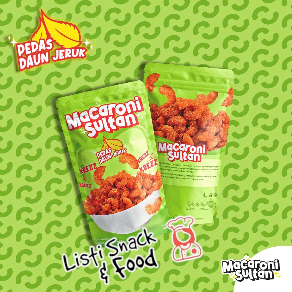 

Macaroni Sultan Rasa Pedas daun Jeruk / Makaroni Pedas Renyah / Cemilan enak 50 Gr