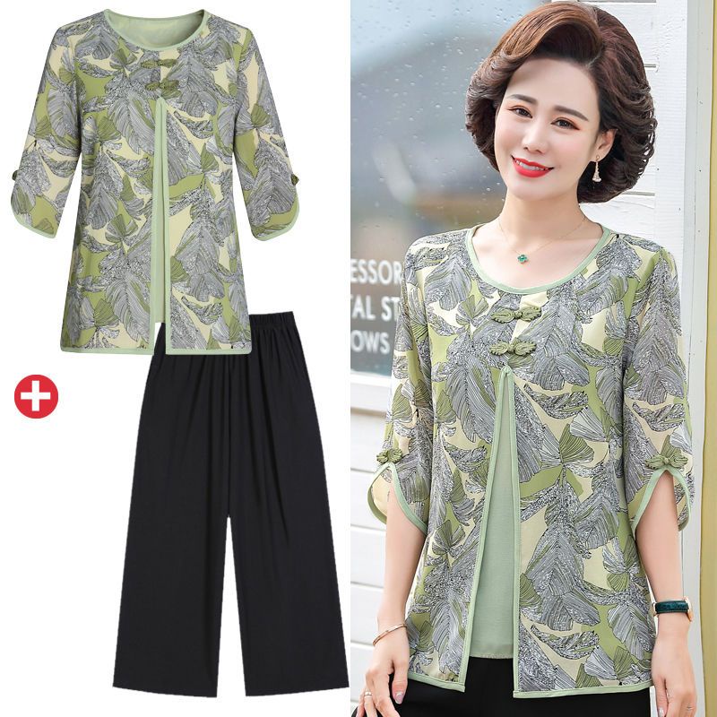 Gaun ibu paruh baya setelan musim panas setelan blus lengan tengah celana panjang dua potong set kem