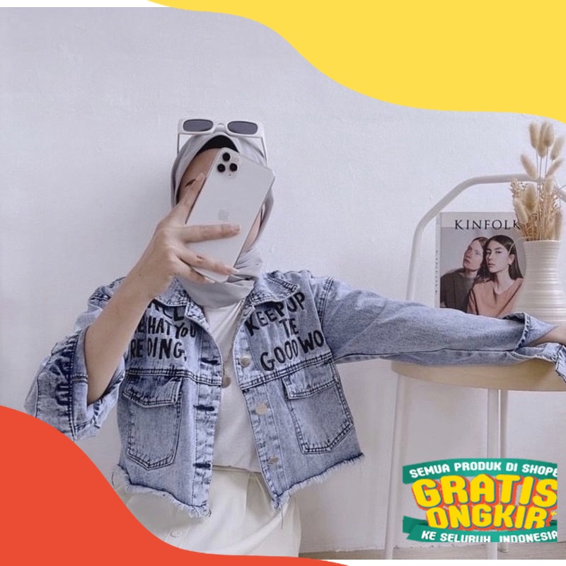 JAKET CROP BORDIR BAHAN JEANS SNOW/ ungu liliac