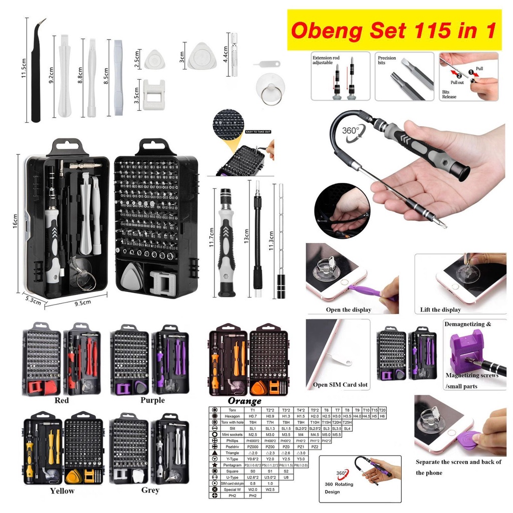 (Terlengkap) Obeng HP Set 115in1 Torx Kunci Set Alat Service Reparasi HP Full Set Multi Fungsi Origi