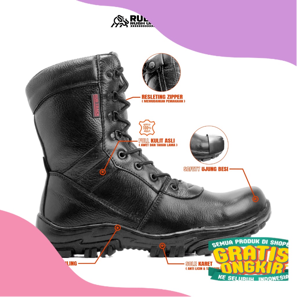 SEPATU PDL KULIT ASLI ROVER PRIA SAFETY UJUNG BESI RESLETING ZIPER JATAH TNI POLRI SATPAM SIZE 38-45
