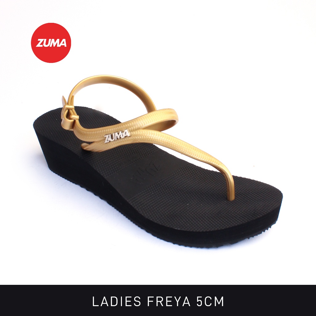 Zuma Women Freya 2 Black Gold, Sandal Jepit Wanita Wedges Karet Polos, Hitam Emas