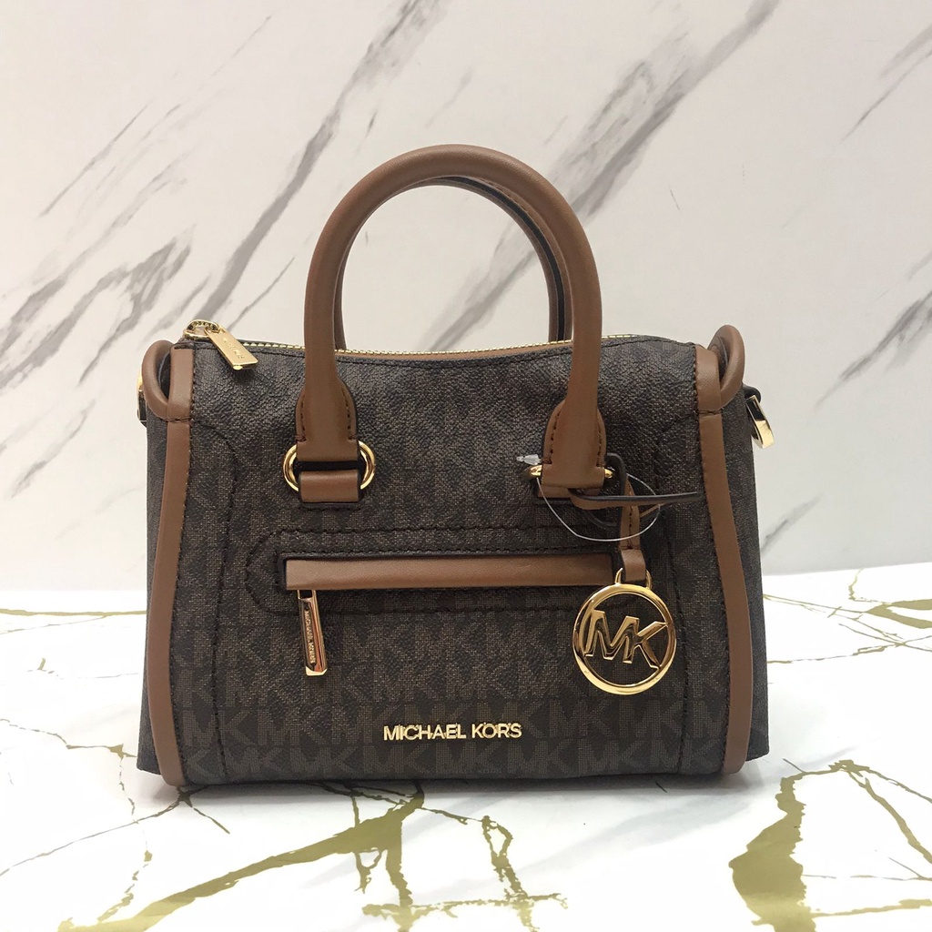 Michael Kors Carine Satchel XS in Signature Brown Leather