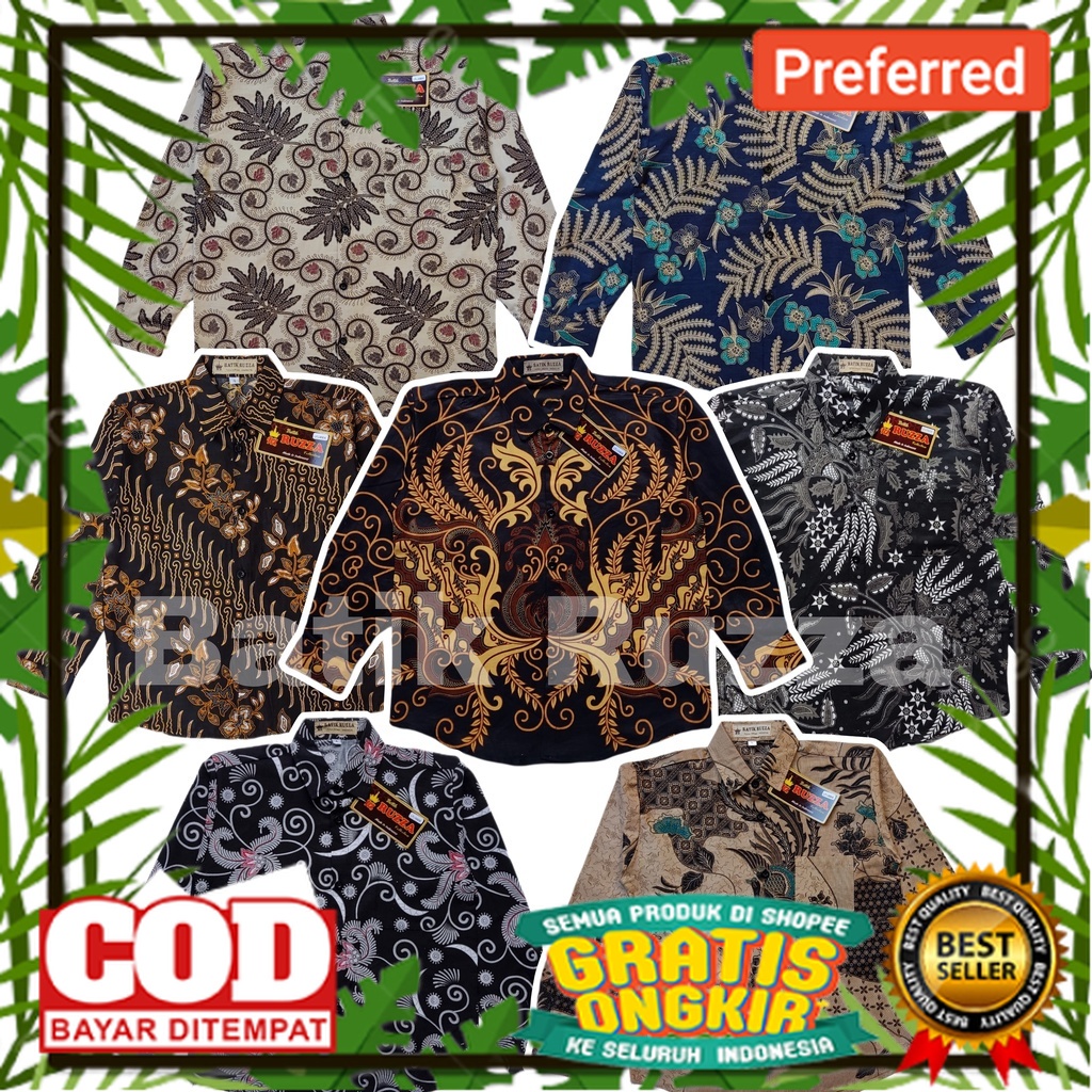 RUZZA Batik Anak Lengan Panjang Ukuran 3-15 Tahun Kemeja Motif Manggar Hijau Daun Baju Laki laki Cow